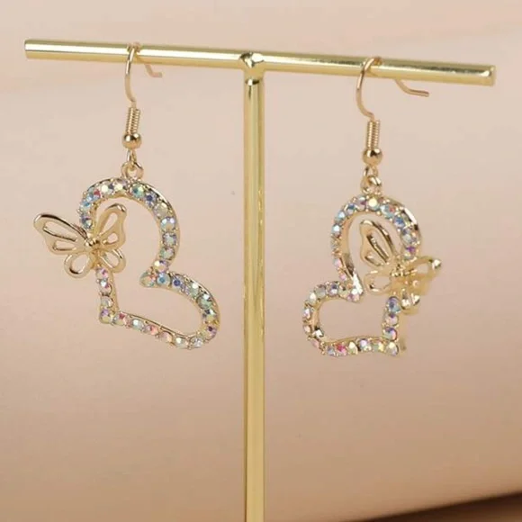 •Flutter Away in Color• Multicolor Stone Gold Drop Butterfly Earrings - Picture 2 of 2